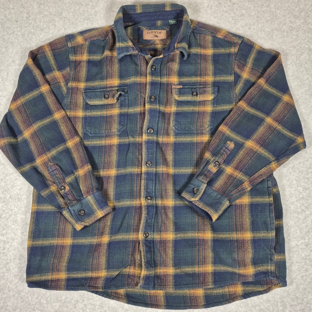 Orvis Flannel Shirt Mens XXL Blue Orange Plaid Heavy Cotton Side Pockets
